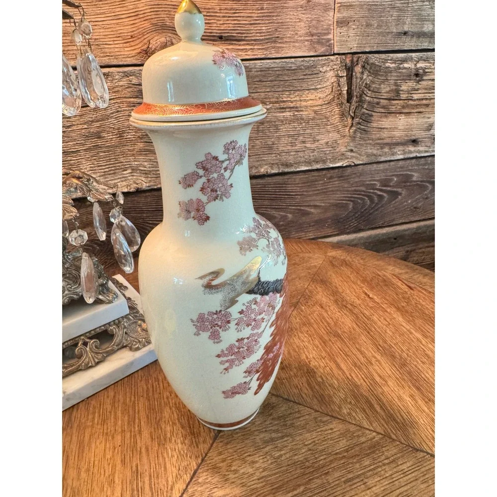 Vintage Satsuma Style Peacock Temple Vase Ginger Jar Gold Moriage 15 Inch